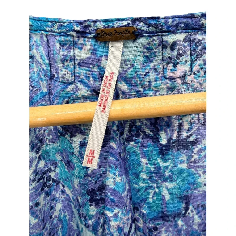 Free People Ruffle Cotton Wrap Top M Blue Floral Paisley Balloon Sleeve Festival